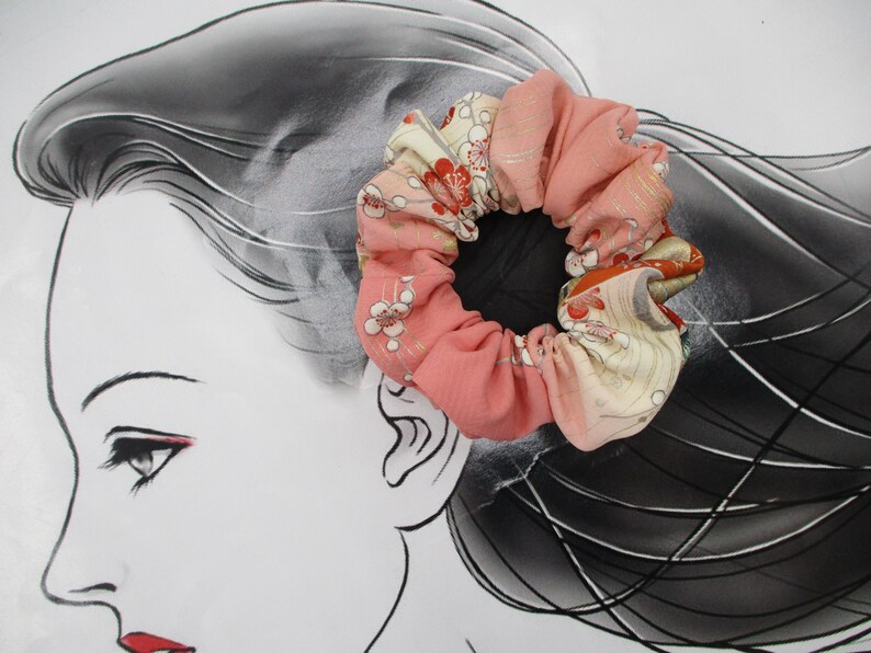 Kawaii Pink Floral Simple Handmade Vintage Silk Kimono Scrunchie immagine 8