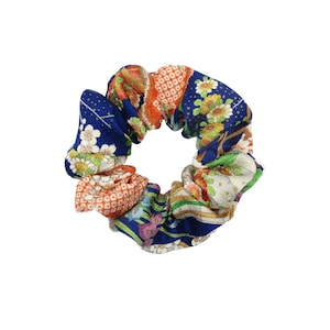 Elegant Blue Japanese Silk Kimono Ponytail Holder Scrunchies Floral