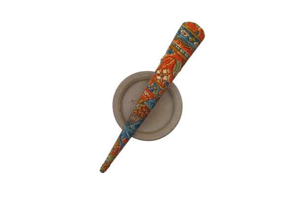 Patina Blue Brown Silk Kimono Hair Clip: Floral Fabric Long Hair Stick (130mm)