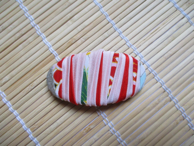 Oval Vintage Silk Fabric Ship from USA 70mm Pink Kimono Barrette