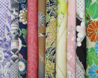 Fun Mix Japanese Silk Kimono Scraps, 10 Small Fabric Pieces