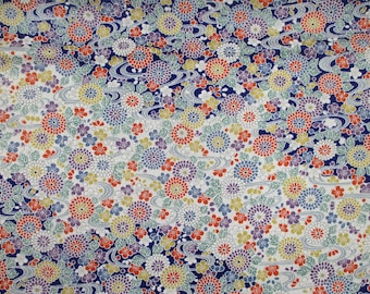 Flowers Blue Vintage Silk Kimono Fabric By the yard, Ship from USA