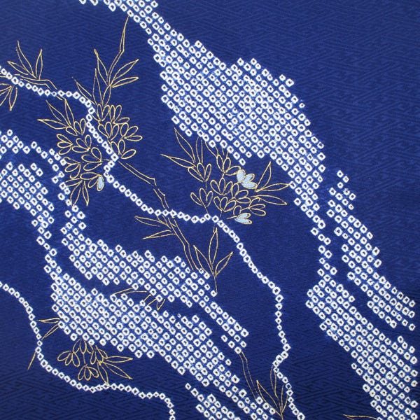LONG Night Blue Vintage Japanese Silk Kimono Fabric by the yard Partial Shibori