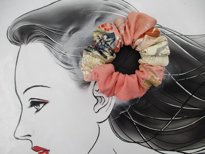 Kawaii Pink Floral Simple Handmade Vintage Silk Kimono Scrunchie immagine 18