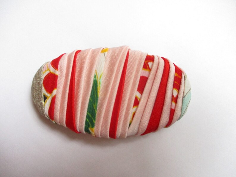Oval Vintage Silk Fabric Ship from USA 70mm Pink Kimono Barrette