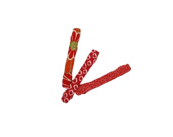 Kawaii Red Kimono Silk Barrettes - Set of 3, Japanese Fabric Upcycled