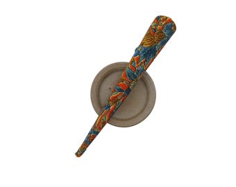 Patina Blue Brown Silk Kimono Hair Clip: Floral Fabric Long Hair Stick (130mm)