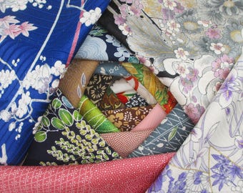 Retazos de tela de kimono de seda japonesa vintage, 20 piezas cuadradas de 5 pulgadas.