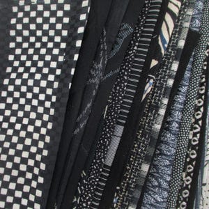 Black White Japanese Silk Kimono Fabric Remnants: 23 Piece Scrap Set