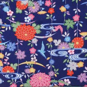 Floral Blue Silk Kimono Fabric By The Yard: Japanese Textile Birds Thick Chirimen
