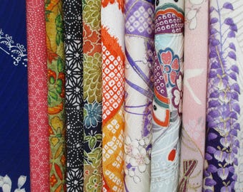 Fun Mix Japanese Silk Kimono Scraps, 10 Small Fabric Pieces