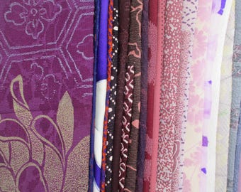 Purple Vintage Silk, Japanese Fabric 23 Scrap Remnants Set Bag