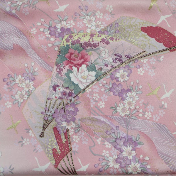 Japanese Pink Floral Silk Fabric, Kimono Textile Long 14" X 64"