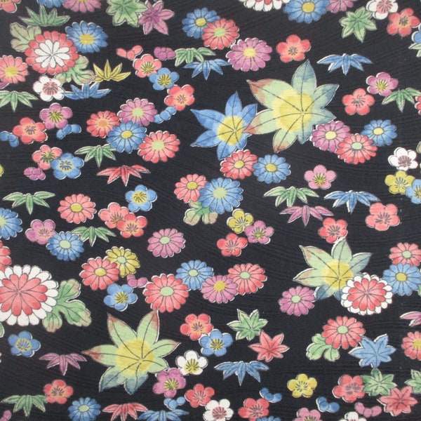 Vintage Silk Kimono Fabric By the yard, Floral Black Background