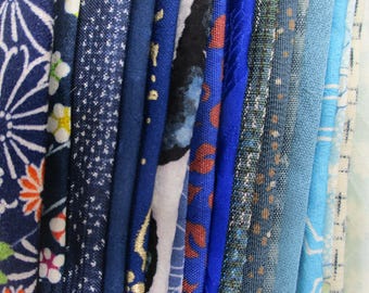 Blue Kimono Japanese Silk Scrap Remnants Set, Grab Bag Set of 23