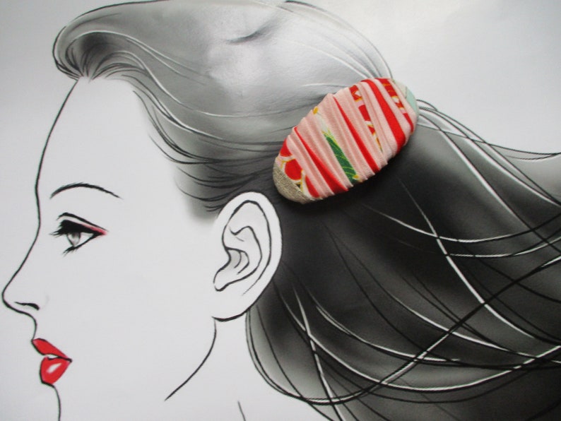 Oval Vintage Silk Fabric Ship from USA 70mm Pink Kimono Barrette