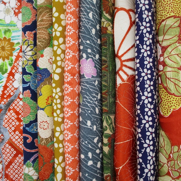Floral Silk Kimono Scraps: Japanese Fabric, Set of 10 Slow Stitching Kimono Remake
