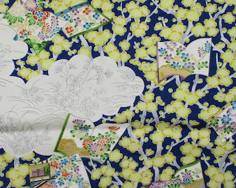 Navy Blue Yellow Japanese Silk Kimono Fabric By the Yard