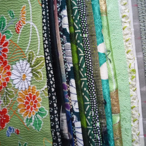 Green Japanese Fabric Set, Silk Remnants