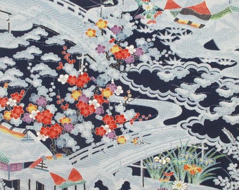 Japanese Silk Kimono Fabric By the yard Floral Vintage Fabric Blue