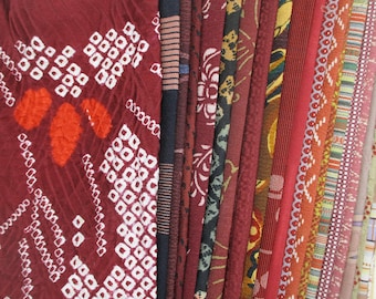 Dark Red, Brown Red Mix Kimono Silk Remnant Set Japanese Fabric 23 Scraps