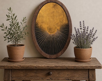 Sun Painting,Large Wall Art,Wooden Wall Art,Wall Plaque,Oval Wall Decor,Framed Painting,Oval Painting,Cottagecore Art,Sunlight Painting