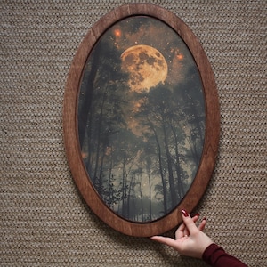 Encantadora pintura de luna llena, placa de pared, placa decorativa de madera, regalo de San Valentín, decoración de pared ovalada, decoración del hogar, decoración de pared oscura, pintura de cielo