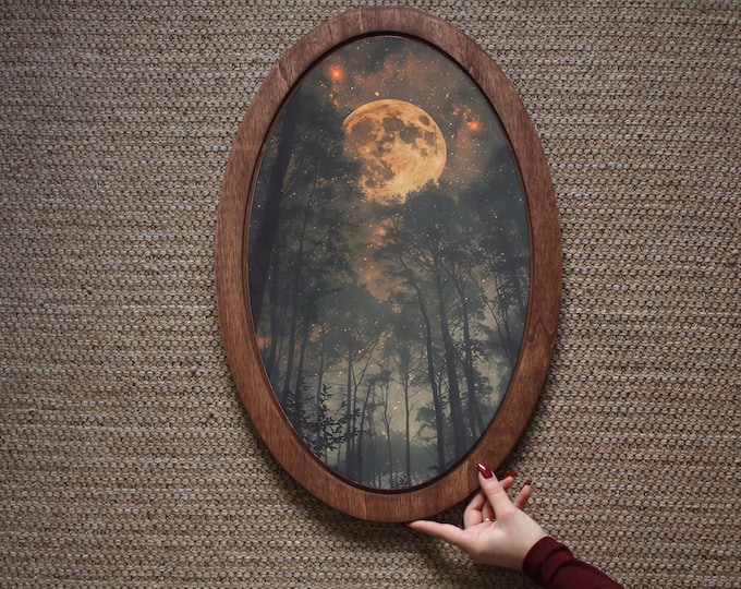 Enchanting Full Moon Painting,Framed Wall Plaque,Wooden Decor Plaque,Oval Wall Decor,Unique Home Decor,Dark Wall Hanging,Sky Painting
