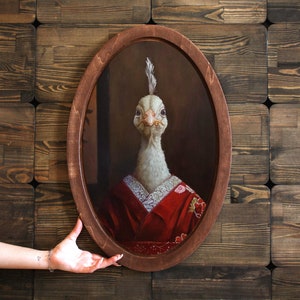 Portret pauw in kimono, muurplaquette, houten decorplaquette, vintage still Animal Wall Art, ovale dierenkunst, ovale muurdecoratie, Victoriaans dier