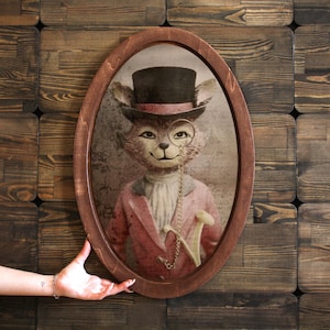 Stylish Cat Portrait,Wall plaque,Wooden Decor Plaque,Vintage Animal Wall Art,Oval Animal Art,Oval Wall Decor,Victorian Animal Painting,Gift
