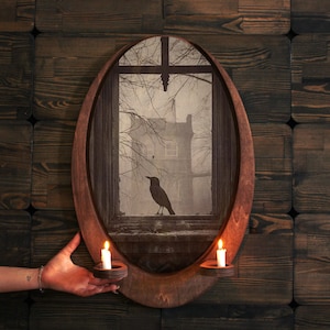 Crow Landing on the Window,Wall plaque,Wooden Plaque,Vintage Animal Art,Christmas Gift,Oval Wall Art,Goth Decor,Dual Candle Holder,Raven Art