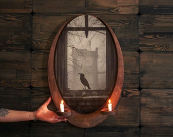 Crow Landing on the Window,Wall plaque,Wooden Plaque,Vintage Animal Art,Christmas Gift,Oval Wall Art,Goth Decor,Dual Candle Holder,Raven Art