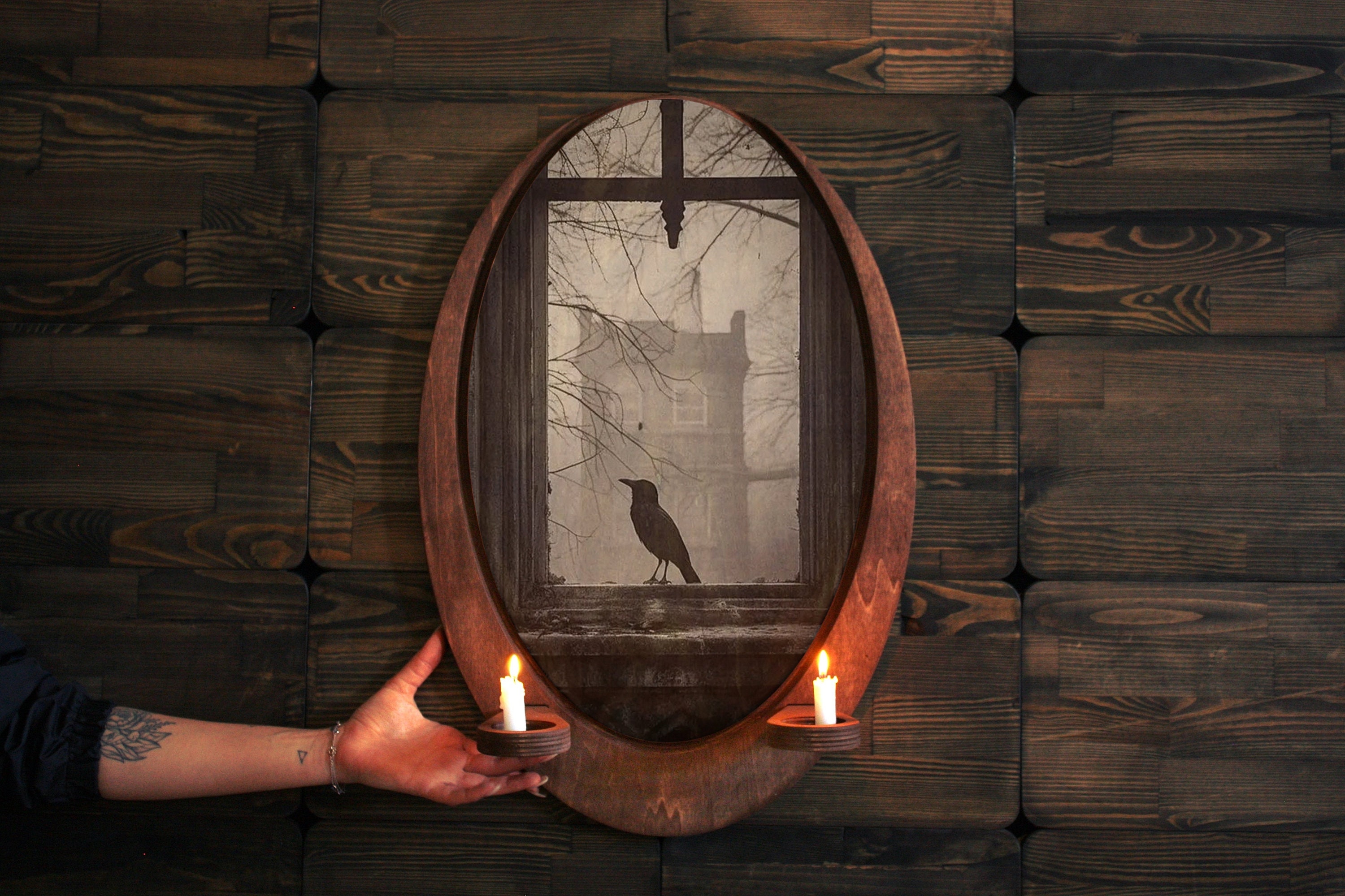 Crow Landing on the Window,Wall plaque,Wooden Plaque,Vintage Animal Art,Christmas Gift,Oval Wall Art,Goth Decor,Dual Candle Holder,Raven Art