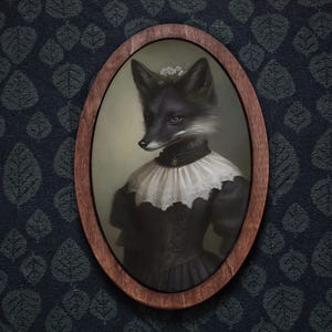 Lady Black Fox Victorian Portrait,Fox Painting,Wooden Decor Plaque,VintageAnimal Wall Art,Oval Animal Art,Oval Wall Decor,Victorian Animal