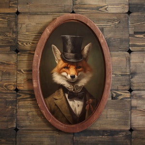 Fox in Hat Victorian Portrait,Wooden Decor Plaque,VintageAnimal Wall Art,Oval Animal Art,Oval Wall Decor,Victorian Animal,Wallnut Decor