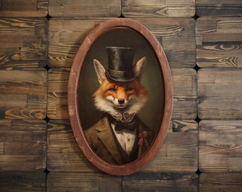 Fuchs im Hut Hut viktorianisches Portrait, Holzdekorplatte, Vintage Tier Wandkunst, ovale Tierkunst, ovale Wanddekoration, viktorianisches Tier, Weihnachtsgeschenk