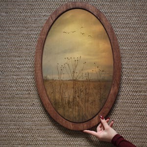 Field Painting,Natural Wall Art,Golden Wall Art,Wooden Wall Art,Wall Plaque,Oval Wall Decor,Wooden Wall Plaque,Oval Painting,Cottagecore Art