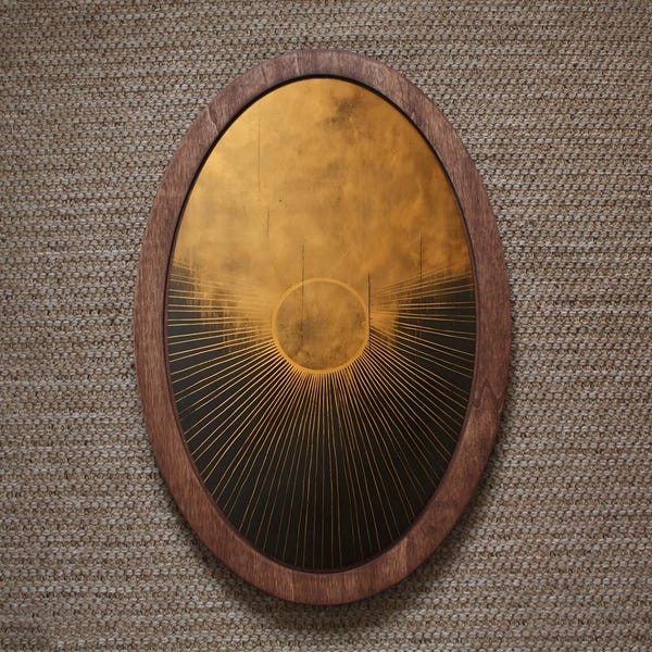 Pintura del sol, arte mural dorado, arte mural de madera, placa mural, decoración mural ovalada, cuadro enmarcado, pintura ovalada, arte cottagecore, pintura de la luz del sol