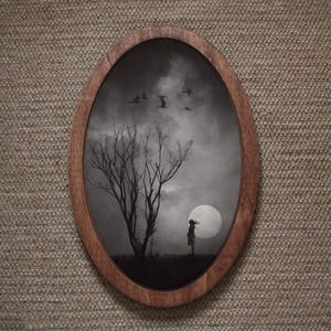 Lonely Woman and Moon Wooden Wall Art: Gothic Home Decor