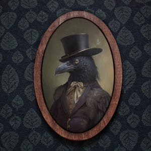 May include: A framed portrait of a black raven wearing a top hat and a bow tie. The raven is depicted in a formal setting, with a green background and a gold-colored frame.