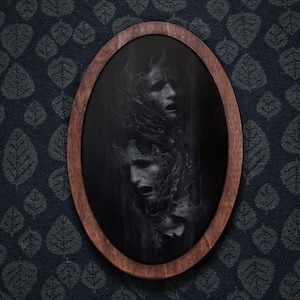 Dark Faces Painting,Dark Aesthetic Room,Gothic Wall Art,Halloween Wall Art,Wall Plaque,Oval Wall Decor,Wooden Wall Plaque,Black Wall Decor
