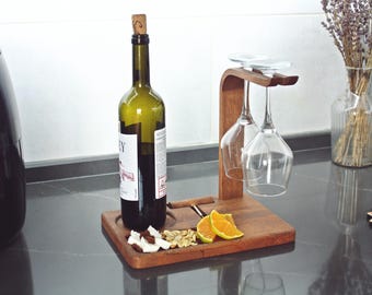 Personalized Wine Butler with Corkscrew, Christmas Gift for Couples, Custom Wooden Wine Holder Serving Tray, Anniversary Gifts for Men Wood