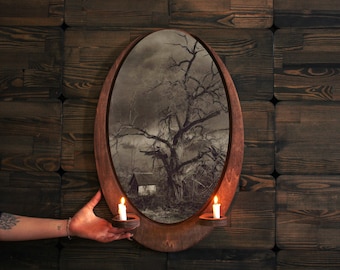Abandoned House Wall Art,Wall plaque,Wooden Plaque,Vintage Wall Art,Christmas Gift,Oval Wall Decor,Goth Decor,Candle Holder,Goth Painting
