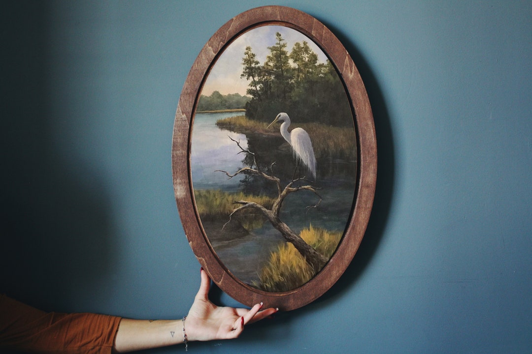 Stork Perched on Branch Painting,Wooden Painting,Christmas Gift,Vintage Home Decor,Wooden Wall Plaque,Oval Painting,Landscape Painting,Noel