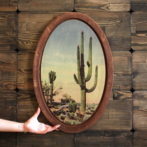 Vintage Cactus in the Desert Painting,Wild West Painting,Christmas Gift,Vintage Home Decor,Wooden Wall Plaque,Oval Painting,Wooden Painting