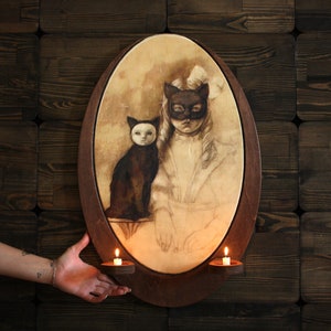Masked Cat and Girl Wooden Wall Plaque: Vintage Gothic Decor