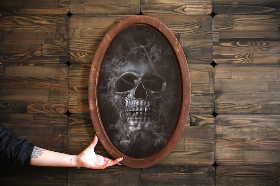 Smoky Skull Painting: Gothic Wooden Oval Wall Plaque,Wooden Oval Painting,Skeleton Painting,Oval Wall Art,Wooden Home Decor,Gothic Painting