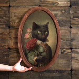 Black Cat Victorian Portrait,Wall plaque,Wooden Plaque,Vintage Animal Wall Art,Oval Wall Art,Oval Wall Decor,Wooden Painting,Christmas Gift