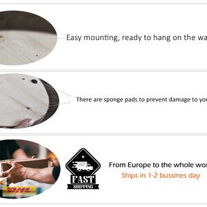 May include: A round wooden wall art piece with a metal hanger on the back. The back of the wall art has four black sponge pads to prevent damage to the wall.