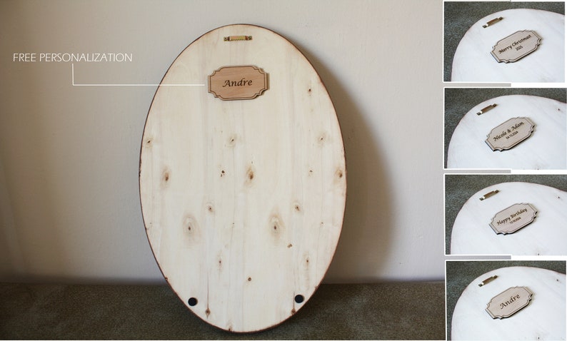 May include: A light wood oval-shaped sign with a small rectangular sign attached to it. The small sign says "Andre" in a cursive font. The text "FREE PERSONALIZATION" is written above the sign.